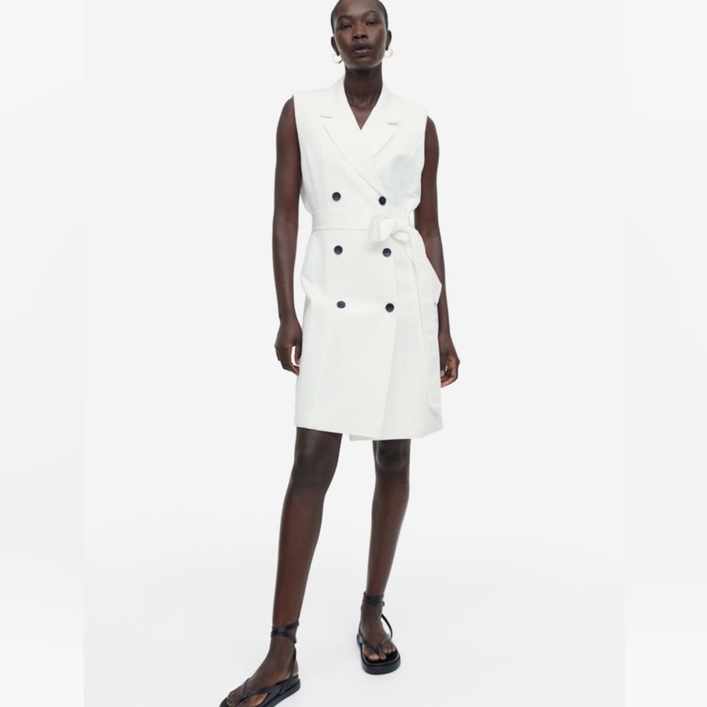 NWT H&M linen-blend tie-belt dress white XL